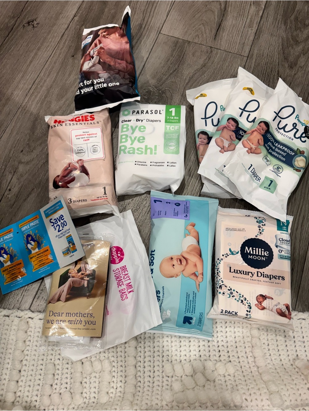 Mixed Baby Diaper Bundle - samples and Avent bottle.